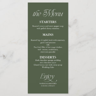 Menu de mariage vert forêt minimaliste moderne