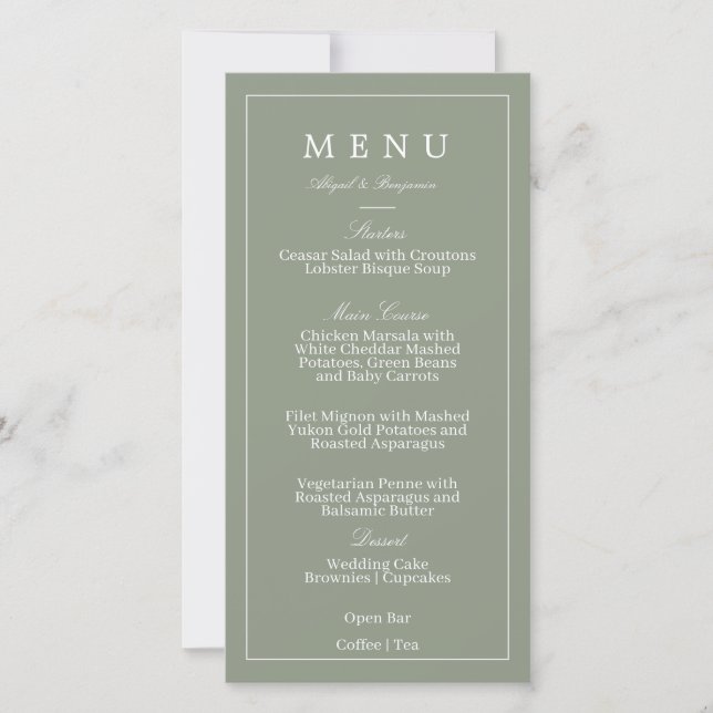 Menu de mariage vert sauge (Devant)