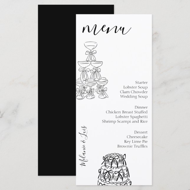 Menu de mariage vin noir et blanc capricieux doodl (Devant / Derrière)