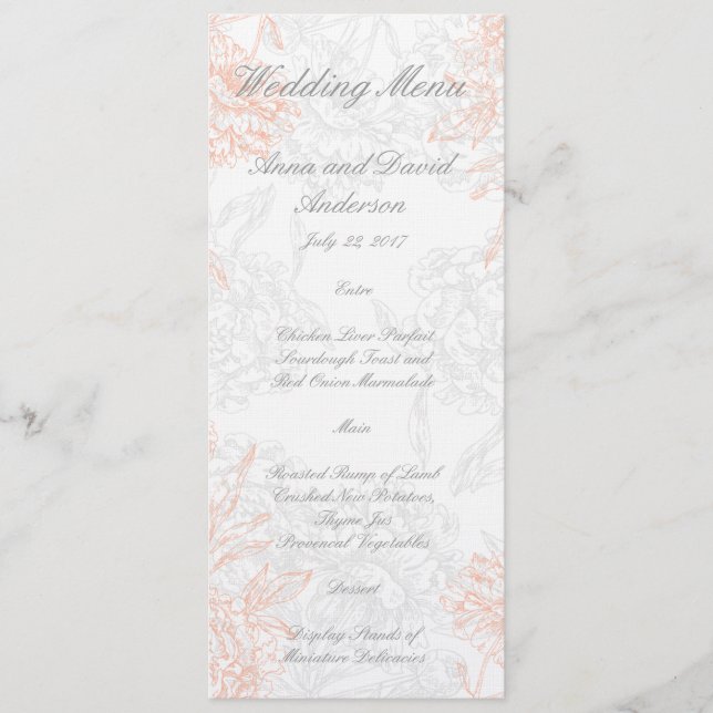 Menu de mariage vintage floral gris orange (Devant)