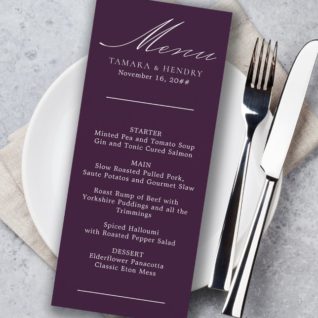 Menu de mariage violet simple calligraphié (Créateur téléchargé)
