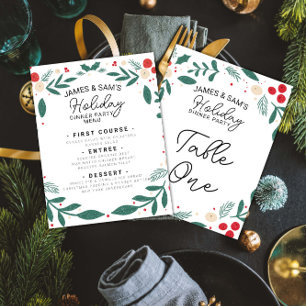 Menu de Noël et panneau de table Couronne de houx