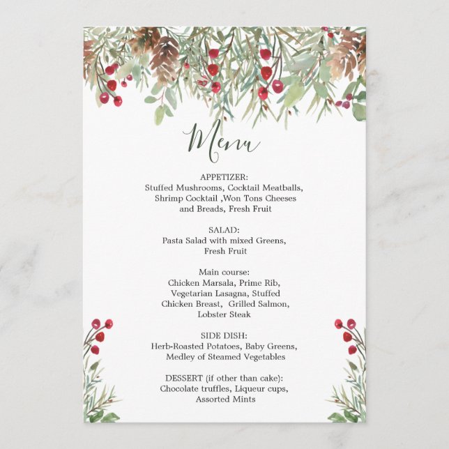 Menu de Noël Mariage Winter Greenery (Devant)