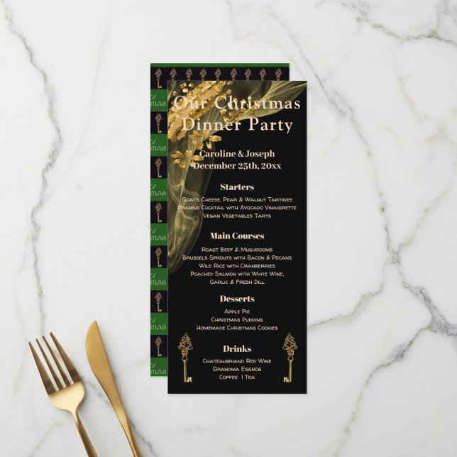 Menu de Noël Noir & Or Chic avec Arbre de Noël (Devant/Arrière en situation)