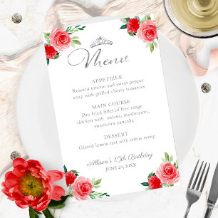 Menu de Quinceanera Floral Argent Faux Metalisé