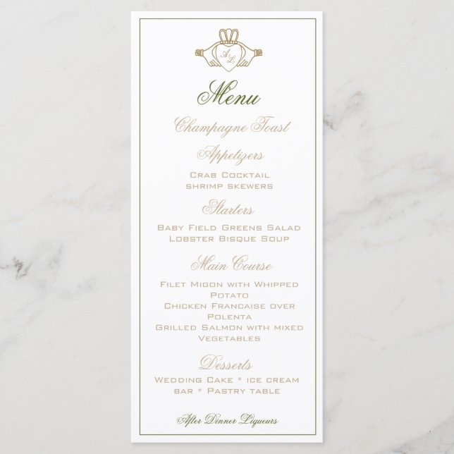 Menu de réception de mariage Claddagh (Devant)