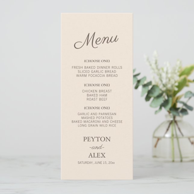 Menu de réception de mariage crème écriture cursiv (Debout devant)