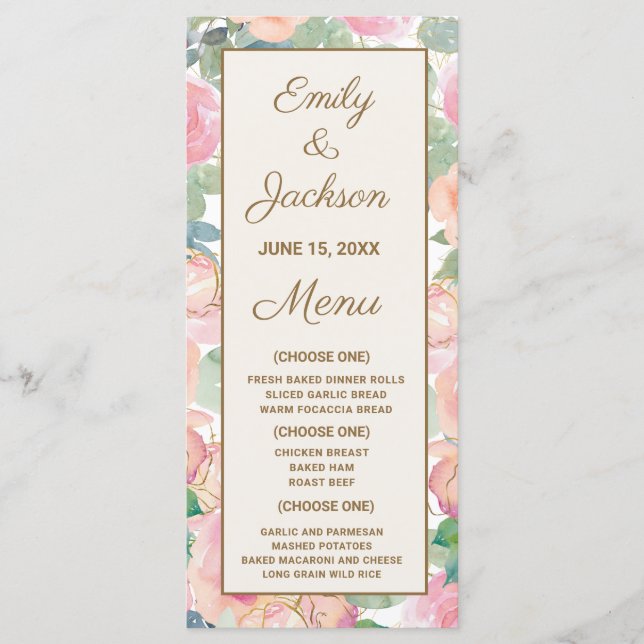 Menu de Réception de Mariage Floral Rose Pâle et V (Devant)
