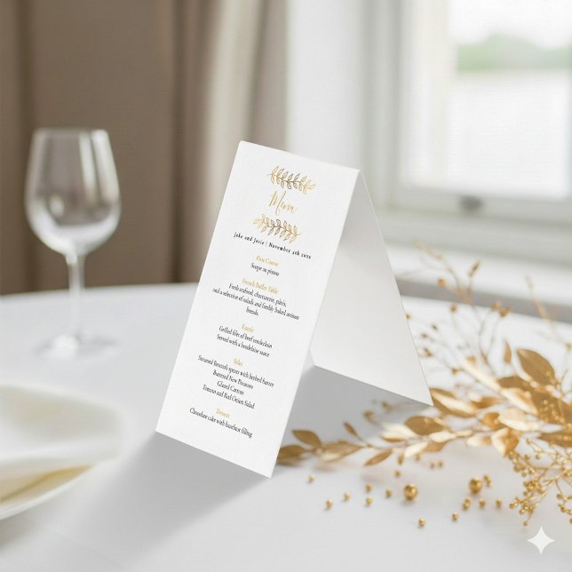 Menu de réception mariage feuille à effet or (Gold leafy wedding menu)