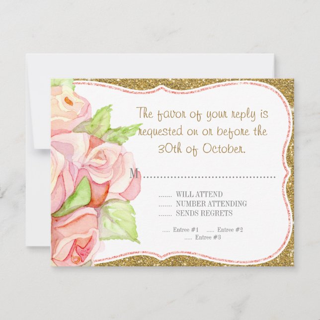 Menu de réponse RSVP Mariage aquarelle Rose Bouque (Devant)