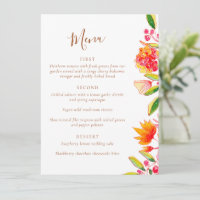 Menu de salle à manger de mariage floral aquarelle