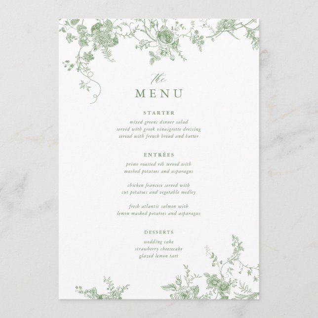 Menu de table de Mariage de fleurs vertes de 5x7"  (Devant)