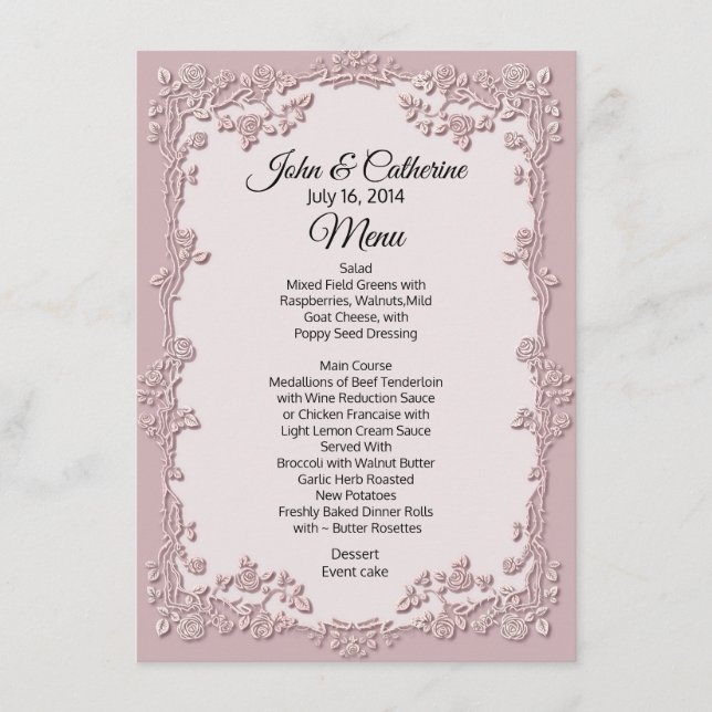 Menu de table de Mariage Floral Rose Dusty (Devant)