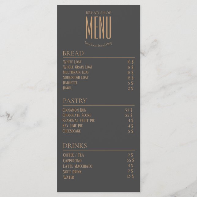 Menu de table de petit café de boulangerie (Devant)