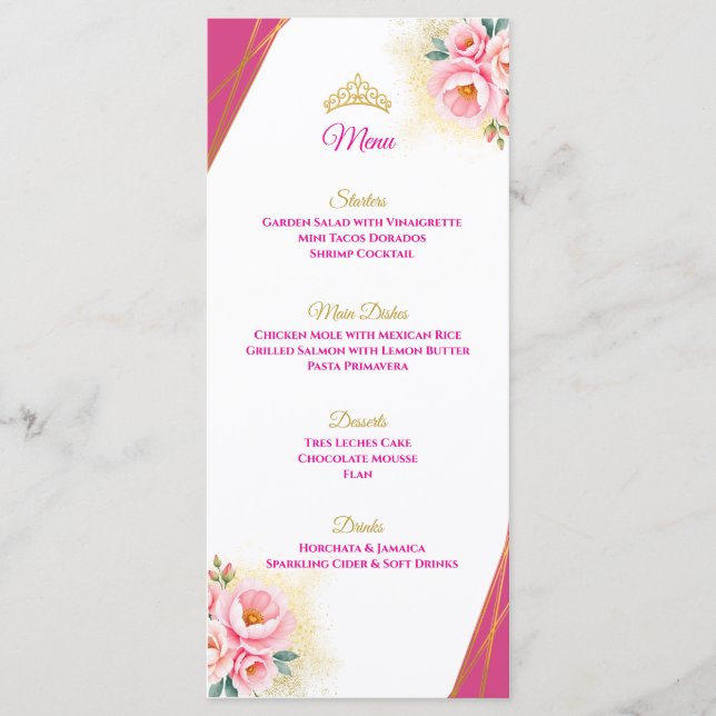 Menu de table Floral rose et Quinceañera or (Devant)