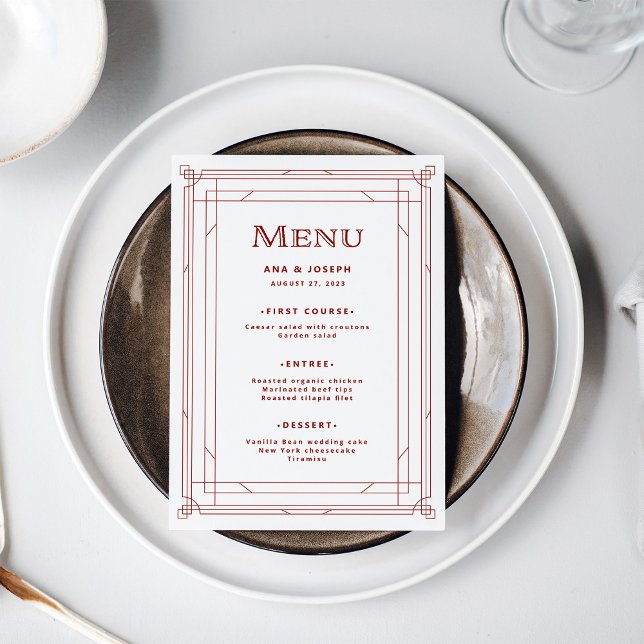 Menu Déco moderne | Blanc argenté clair avec Mariage ro (A festive, light silver white menu with red accents for your elegant holiday wedding)