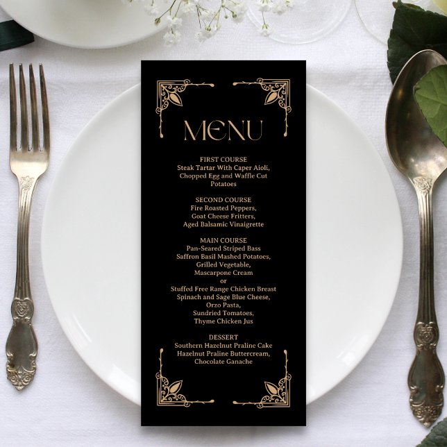 Menu Déco moderne | Élégant Mariage noir et or (Créateur téléchargé)