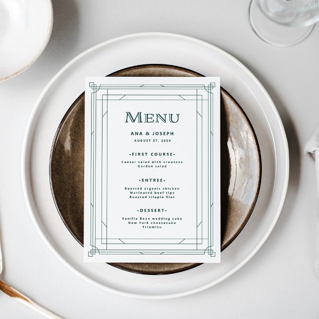 Menu Déco moderne | Mariage blanc et vert d'argent clai (A festive light silver white menu with green accents for your elegant holiday wedding)