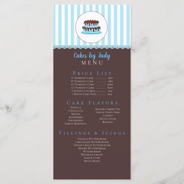 Menu Décorateur de gâteaux Bleu blanc et Brown boulange (Devant)