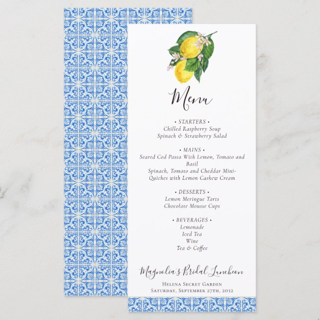Menu Déjeuner nuptial bleu méditerranéen Citrus Lemon (Devant / Derrière)