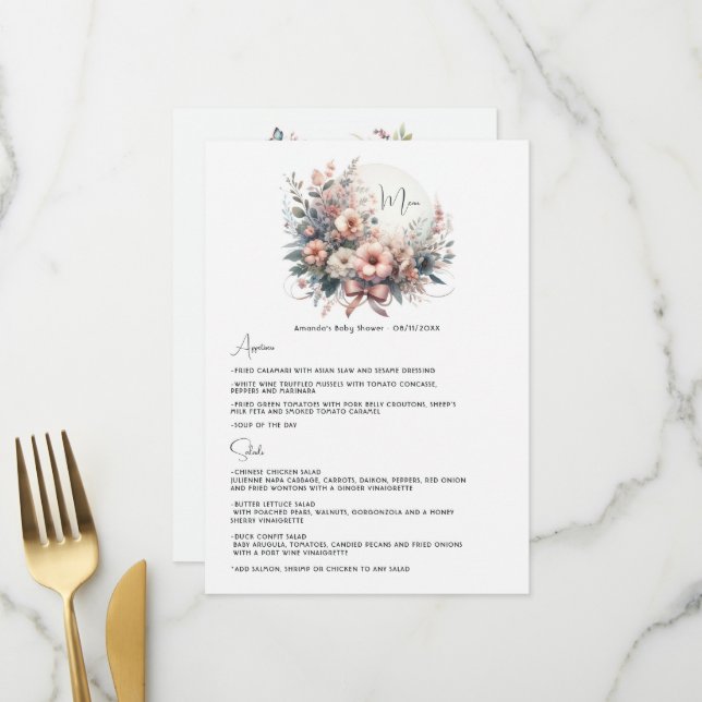 Menu Délicat Pastel Blooms Bow Baby shower Floral (Devant/Arrière en situation)