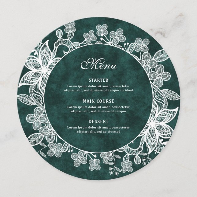 Menu Dentelle blanche sur Emerald Green Faux Velvet Rou (Devant)