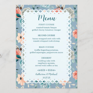 Menu Dentelle florale bleu foncé   Calligraphie décorat