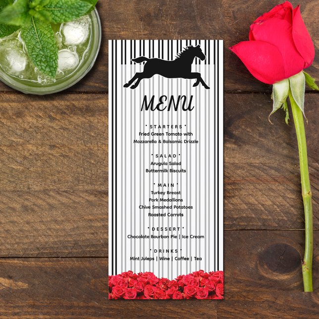 Menu Derby Racehorse et Fête des mariées Rose (Racehorse and Roses Derby-themed bridal shower menus)