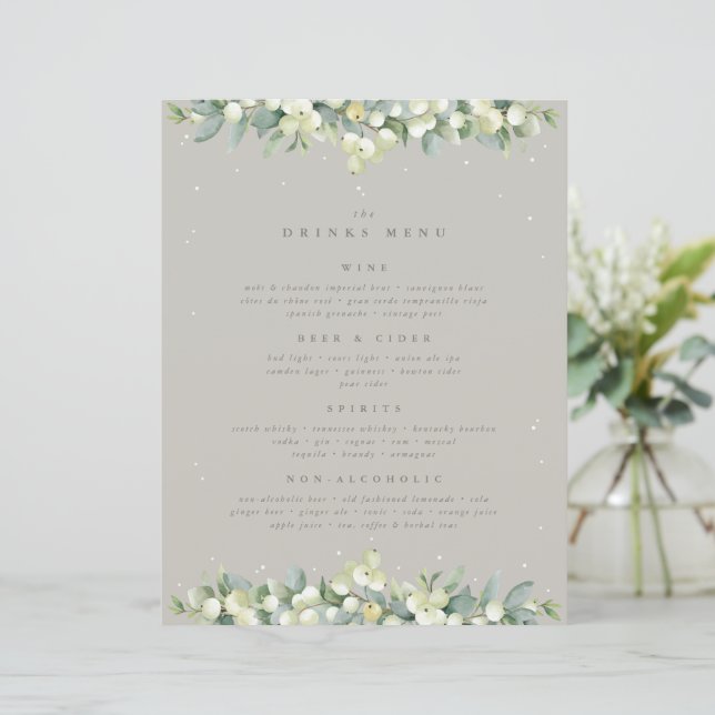 Menu des boissons de mariage Greige Snowberry+Euca (Debout devant)