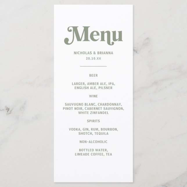 Menu des boissons de mariage vert sauge rétro boho (Devant)