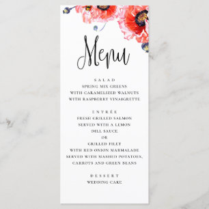 Menu Des fleurs de pavots. Mariage floral rouge aquarel