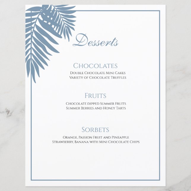 Menu Dessert Personnalisable Blue Palm Mariage 8,5 (Devant)