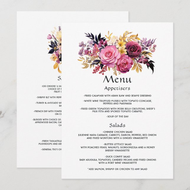 Menu Détails de l'invité rose, violet, noir et or Flora (Devant / Derrière)