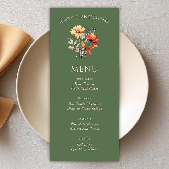 Menu Dîner d'action de grâces moderne et rustique (Modern Rustic Olive Green Thanksgiving Dinner Menu)