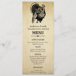 Menu Dîner d'action de grâces vintage Turquie
