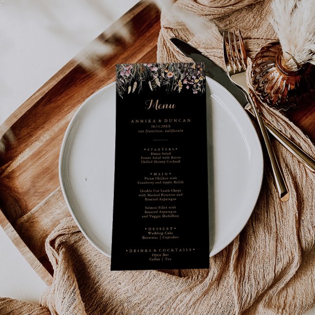 Menu Dîner de calligraphie florale sauvage du pré-autom (Créateur téléchargé)