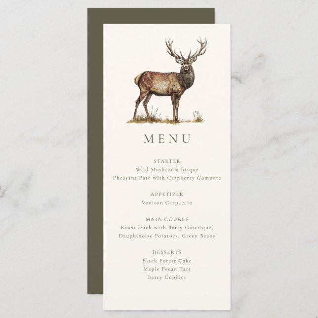 Menu Dîner de chasse élégant rustique cerf fall (Devant / Derrière)