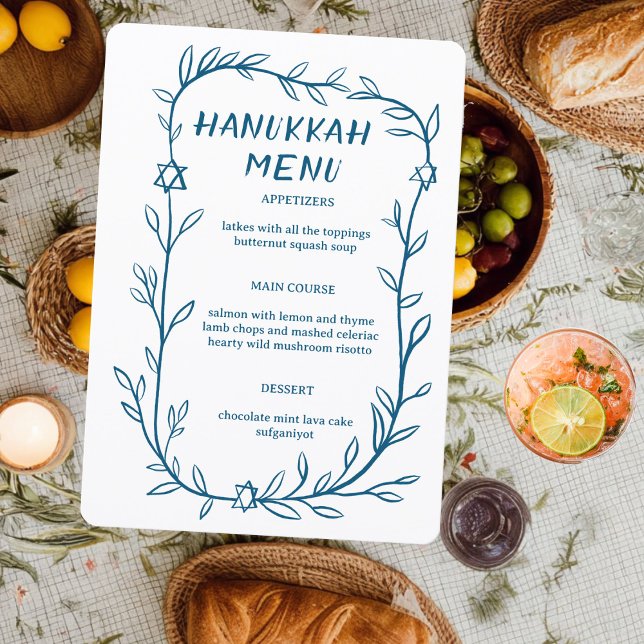 Menu Dîner de fête de Hanukkah sur le thème botanique d (Delicate Botanical Drawing Hanukkah Party Dinner CUSTOM jewish Event Menu
)