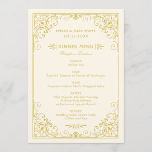 Menu Dîner de mariage Art Déco vintage ivoire et or