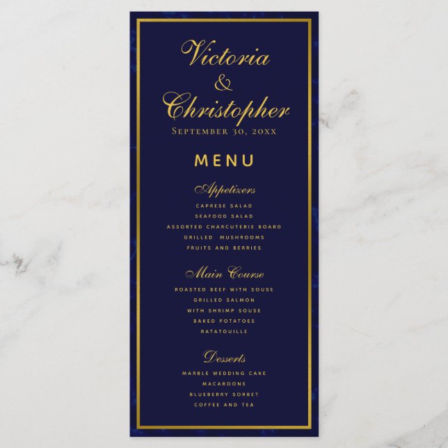 Menu Dîner de Mariage bleu et or de la Marine (Devant)
