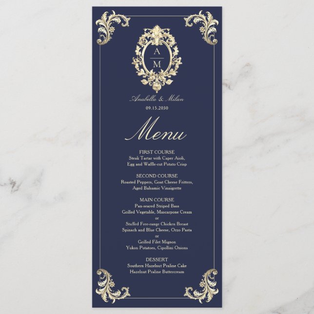 Menu Dîner de Mariage d'or bleu marine baroque (Devant)