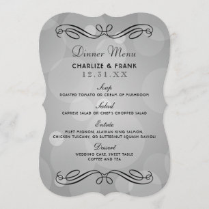 Menu Dîner de mariage élégant gris platine et noir