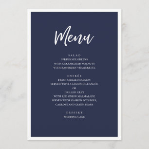 Menu Dîner de mariage moderne Navy. Simple bleu minimal