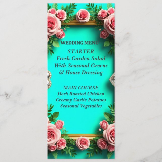 Menu Dîner de mariage romantique Turquoise Rose rose 🌸 (Devant)