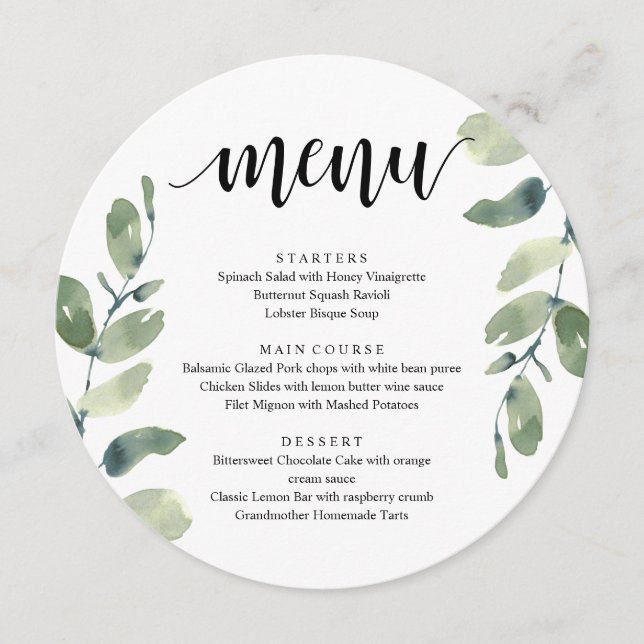 Menu Dîner De Réception De Mariage, Eucalyptus Green Me (Devant)