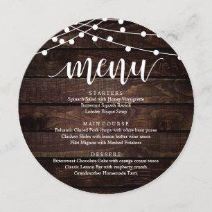 Menu Dîner de réception mariage Elopement, Bois rustiqu