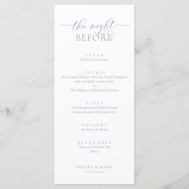 Menu Dîner de répétition mariage, bleu romantique Dusty (Devant)