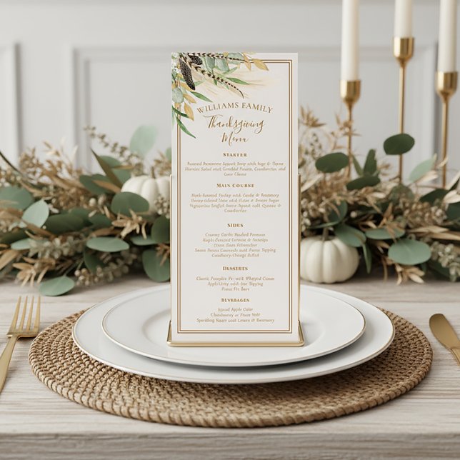 Menu Dîner élégant de Thanksgiving Plume d'automne (Créateur téléchargé)