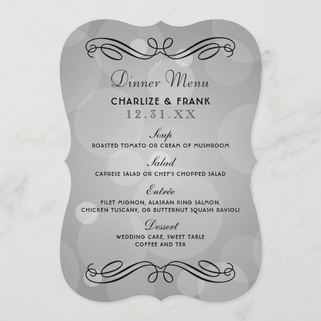 Menu Dîner élégant en Platine gris et noir Mariage (Devant)