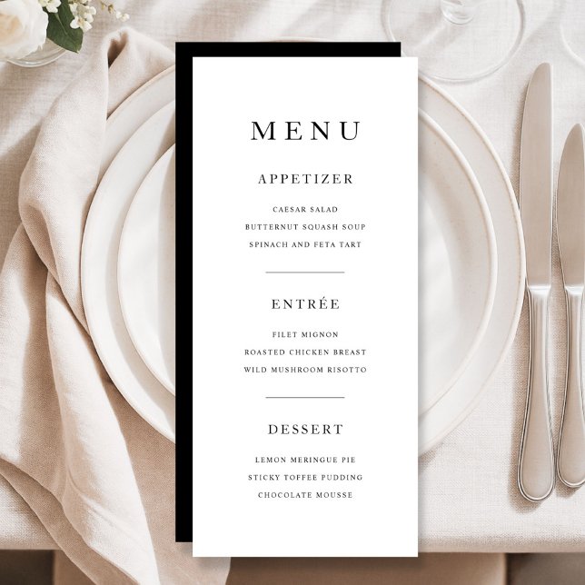Menu Dîner élégant minimaliste en noir et blanc (Elegant Minimal Black And White Dinner Menu)